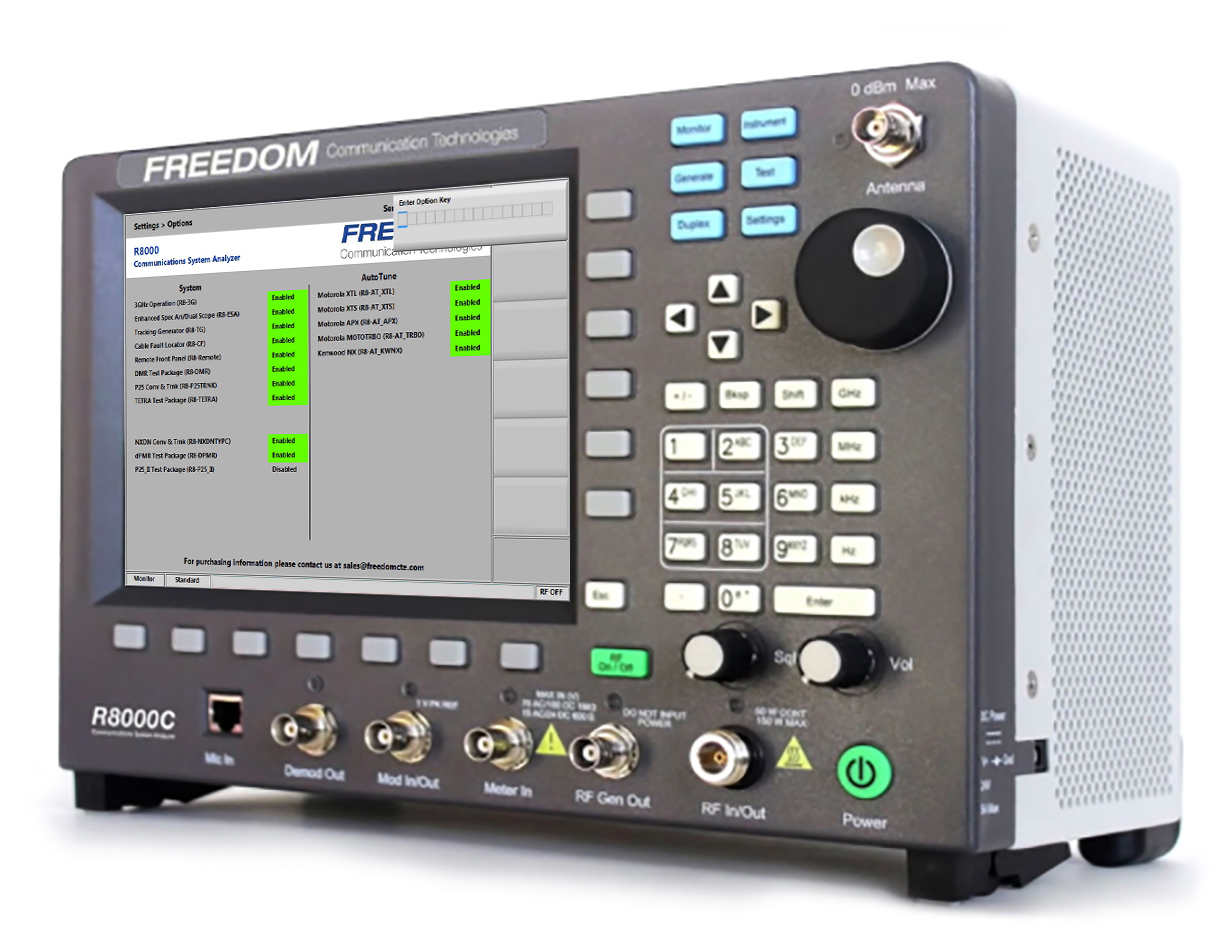 Анализатор аналоговых/цифровых
систем радиосвязи Freedom R8000
с диапазоном частот 1 МГц - 3 ГГц