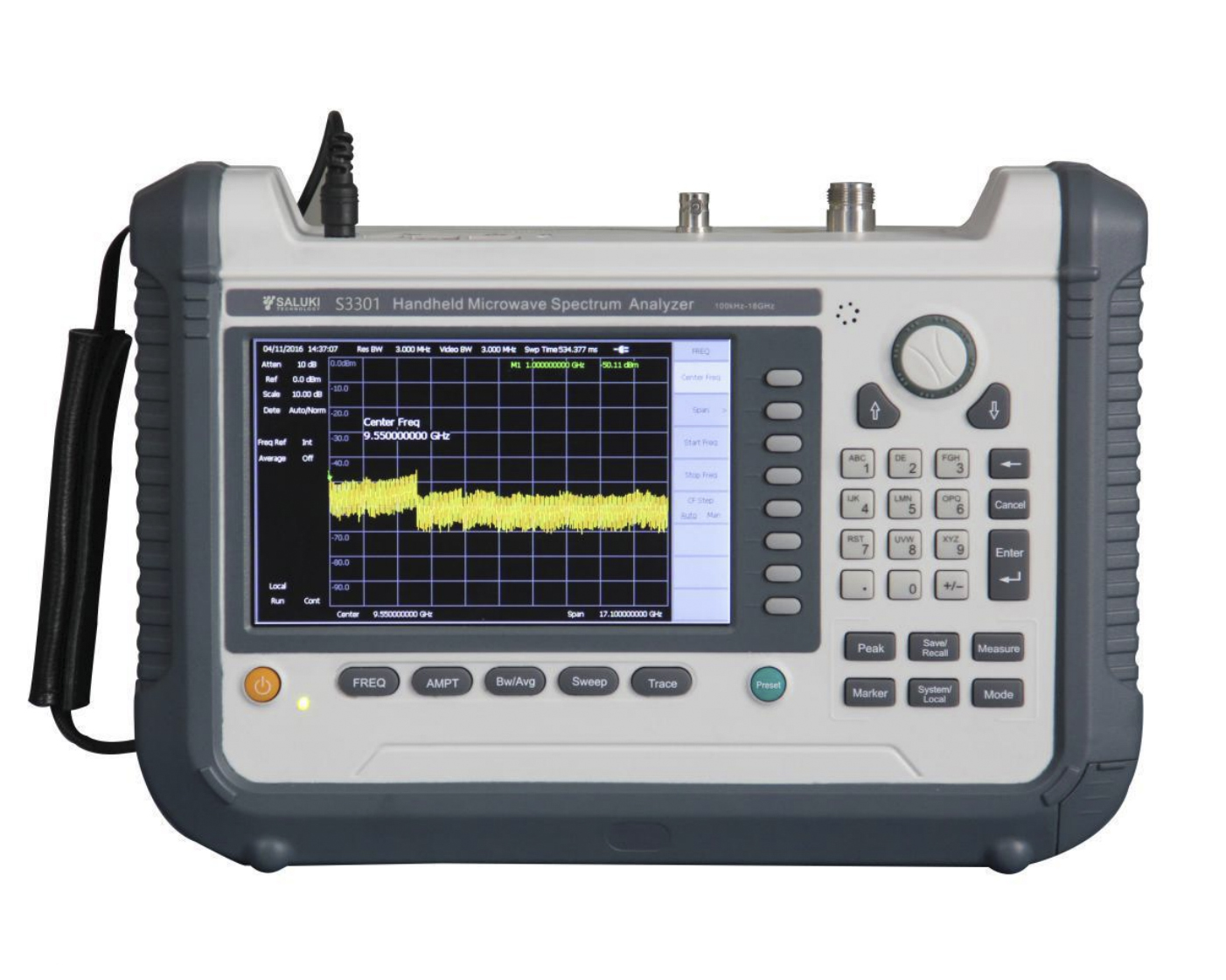 Портативный анализатор спектра Saluki S3301
с диапазоном от 100 кГц до 18 ГГц