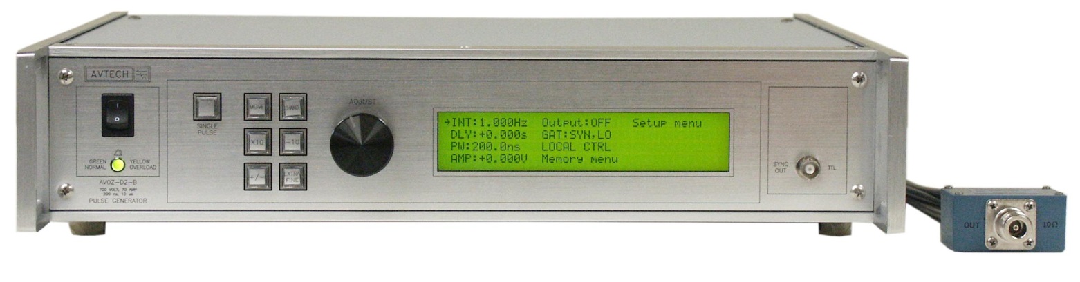Генератор импульсов высоковольтный для тестирования аттенюаторов и лазерных диодов Avtech AVOZ-D2-B с длительностью импульса от 0,2 до 10 мкс и амплитудой 700 В.