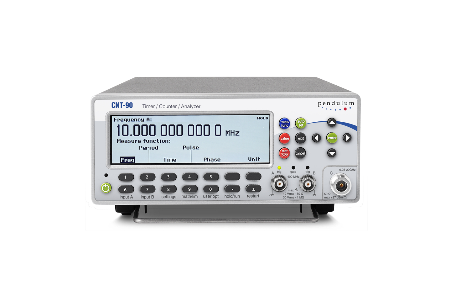 Частотомер 
 Pendulum Instruments CNT-90
 с диапазоном от 0,002 Гц — 400 МГц
(опции до 3 / 8 / 15 / 20 ГГц), 2 канала